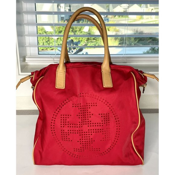 SOLD Tory Burch Red Nylon & Leather Perforated Logo Drawstring Hand Bag Tote - Picture 2 of 12